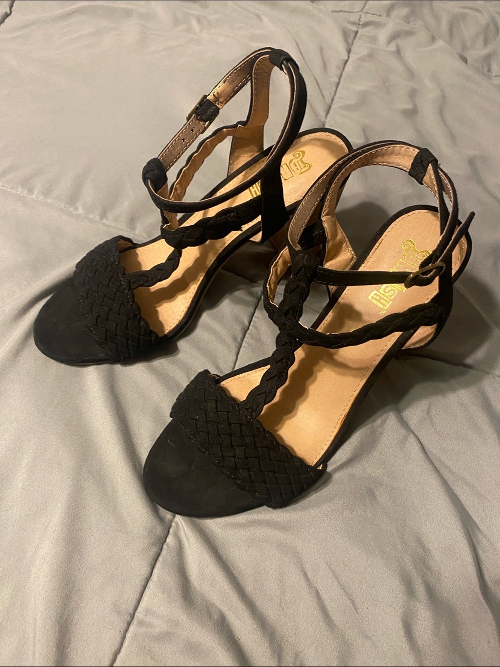 Brash Black Braided T-Strap Heeled Sandals